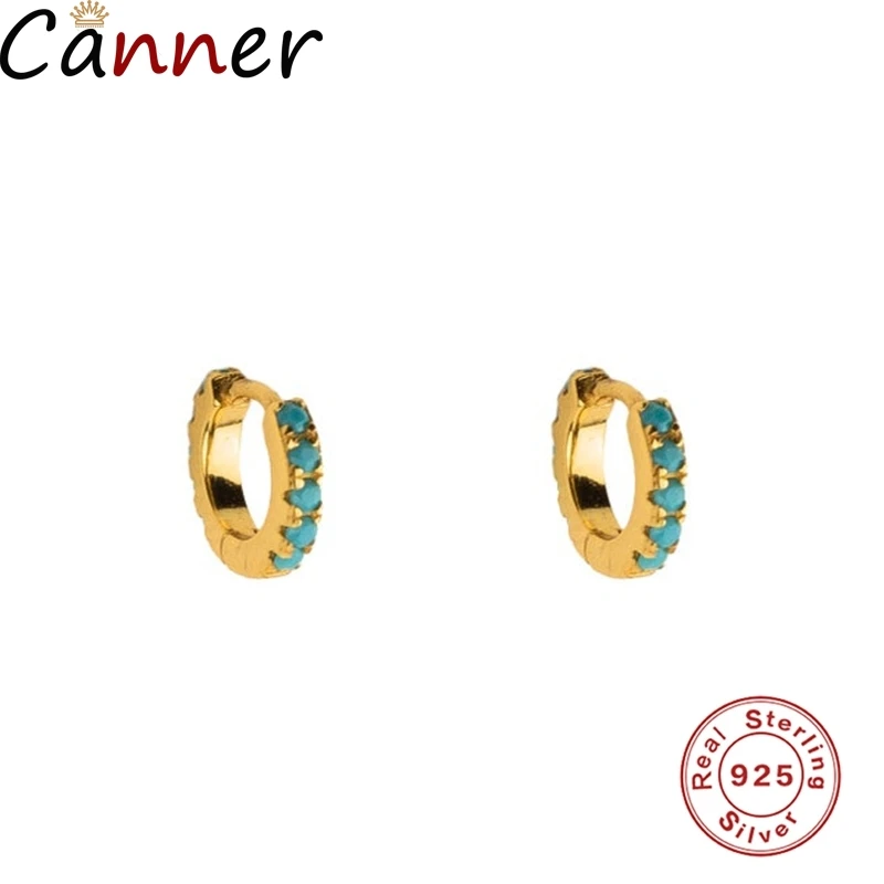 Золотой цвет Canner, мода, Серебро S925 пробы, круглые, микро инкрустированные бирюзовые серьги для женщин, подарки - Окраска металла: Золотой цвет