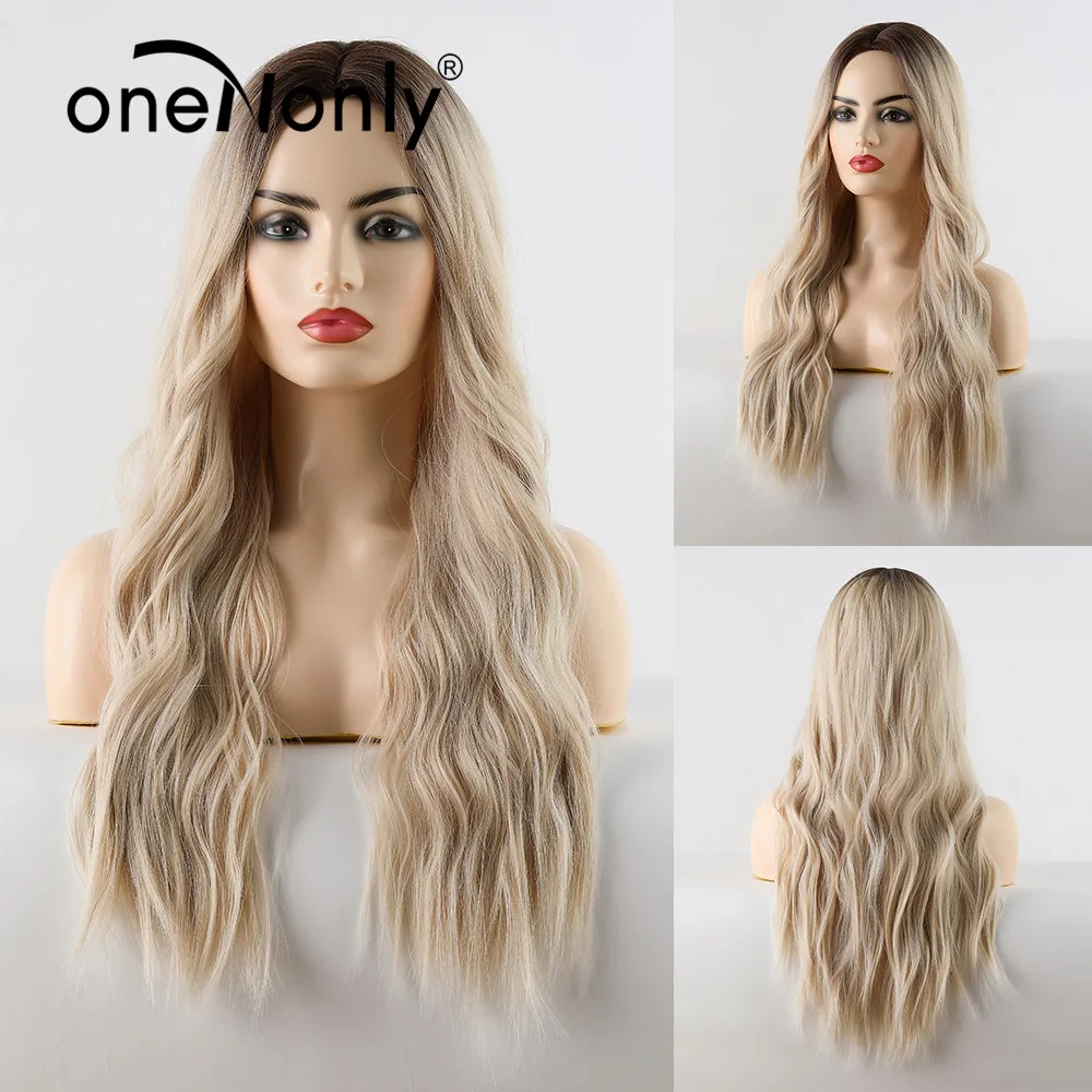 

oneNonly Synthetic Wigs Ombre Light Blonde Long Loose Deep Wave Wig Middle Part for White Black Women Heat Resistant Natural Wig