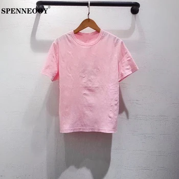 

SPENNEOOY Designer Custom Runway Summer Women Fashion Casual Tees Tops Ladies Pink Short Sleeve Cotton T Shirt Tops 2020