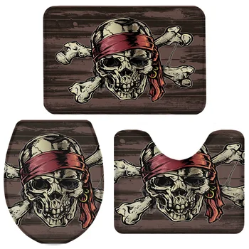 

3 Pieces Bathroom Set Pirate Skull Pattern Bath Set Toilet Cover Mat Pedestal Rug Non-Slip Bathroom Rug Set