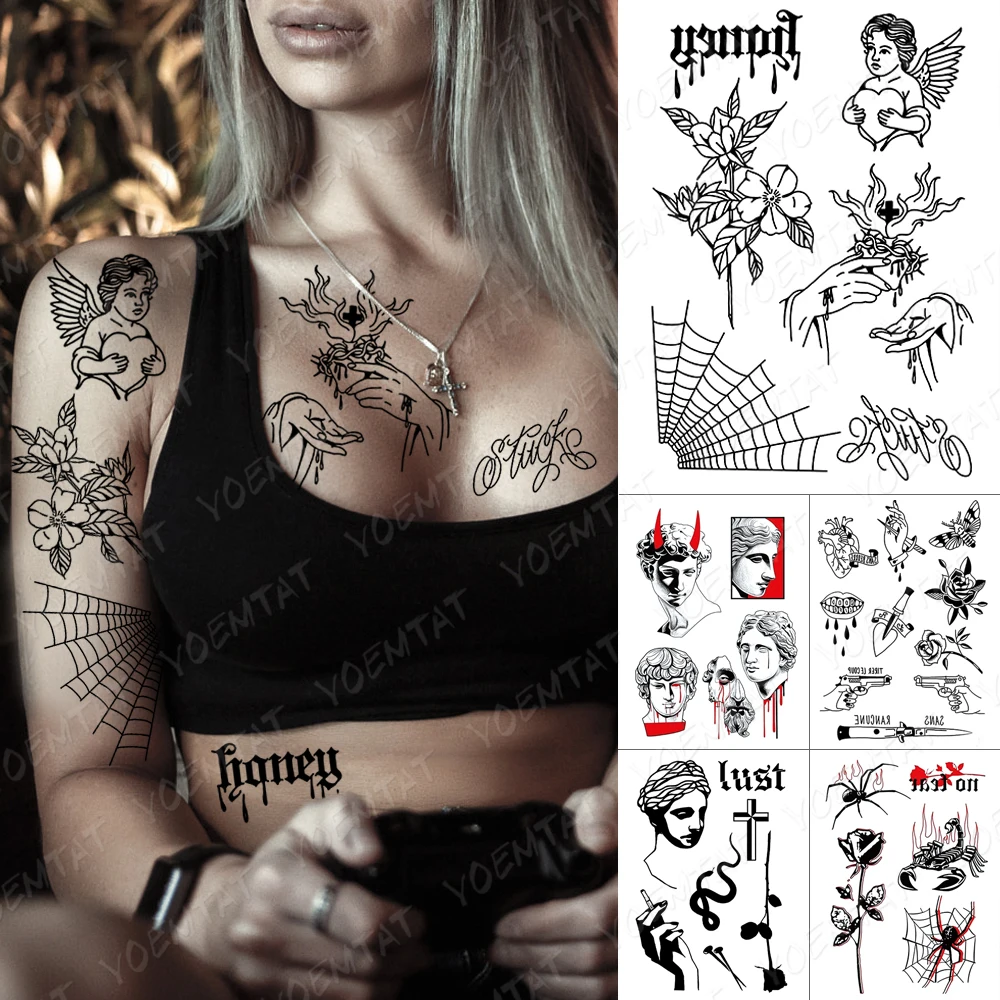 Tattoo Sticker Temporary Tattoos Waterproof Temporary Tattoo Sticker Spider Web Cupid Angel Jesus Old School Flash Tatto Women Gun Rose Body Art Fake Tattoos Men