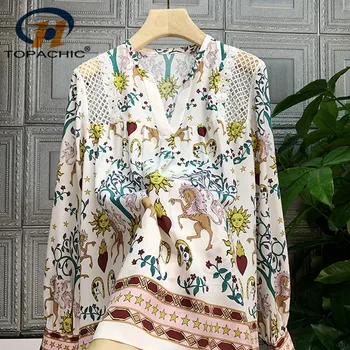 

4.16 Broken Flower Silk Shirt V-neck Hollow Out Design Print Pattern Decoration Long sleeve Elegant Blouse