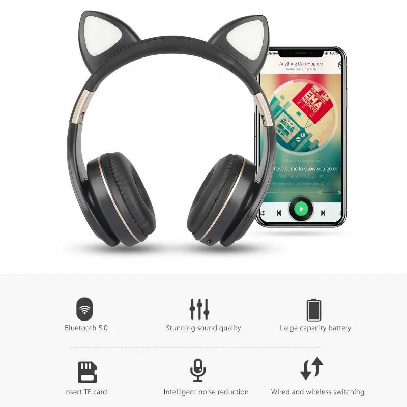 Aoogoor M1 Girls Kids Wireless Headphones Cat Bluetooth Over Ear Headset Stereo Earphones With Mic Wired Headset Gamer