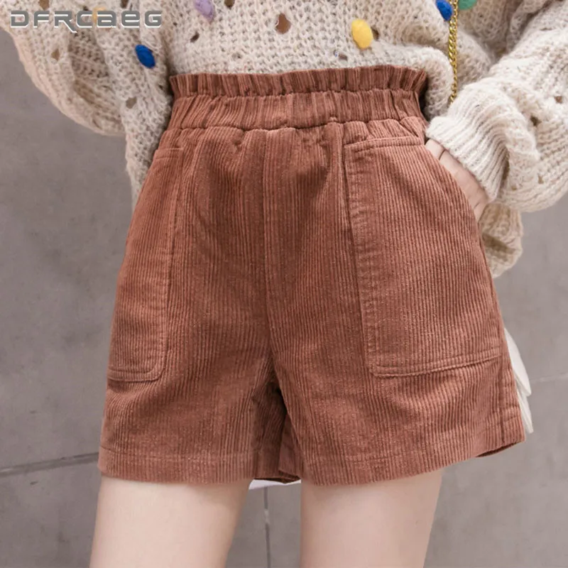 

Army Green Warm Casual Women's Corduroy Shorts With Pocket 2021 High Waist Loose Ladies Big Size Wide Leg Short For Boot 5XL