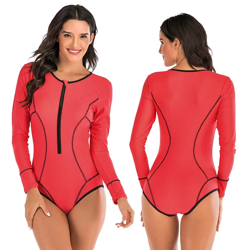 Красный New One Piece Long Sleeve Rash guards Swimwear Women Female Beach Front Zipper Swimsuit Surf Bathing Suits Beach wear - Цвет: Красный