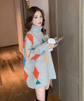 

2020 Summer New Arrival Korean Version High Collar Diamond Shape Long Print Sweater Loose Sweater Design Sense Free Shipping