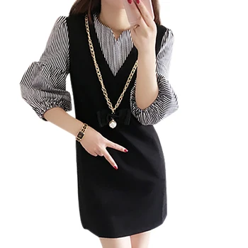 

EFINNY Autumn Fake Two Pieces Dress For Women Casual Half Flare Sleeve Slim Dress Casual Plaid Print Simple Sweet Vestidos