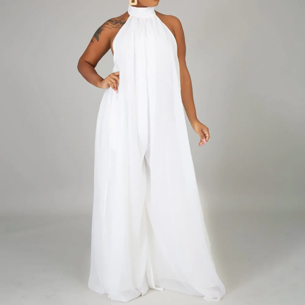 women halter long jumpsuits summer 2020 sexy party backless wide legs rompers jumpsuits white chiffion loose jumpsuits
