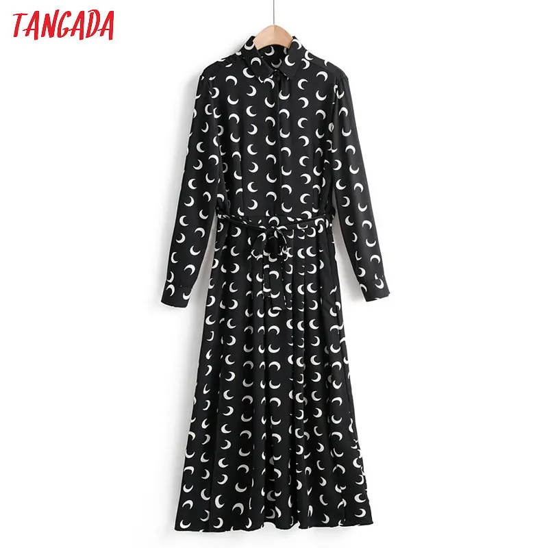 

Tangada fashion women moon print shirt dress turn down collar Long Sleeve Ladies tunic midi Dress with slash 1F05