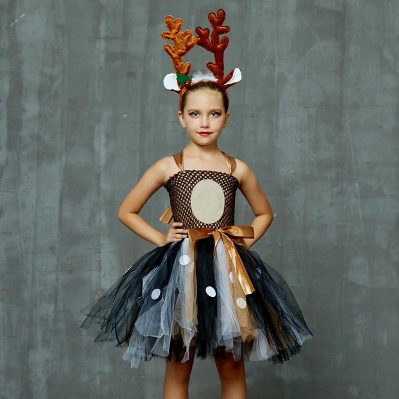 Коричневое платье-пачка с оленем и повязкой на голову для девочек; праздничный костюм с животными для дня рождения; детское платье с лосем на Хэллоуин и Рождество; нарядные платья