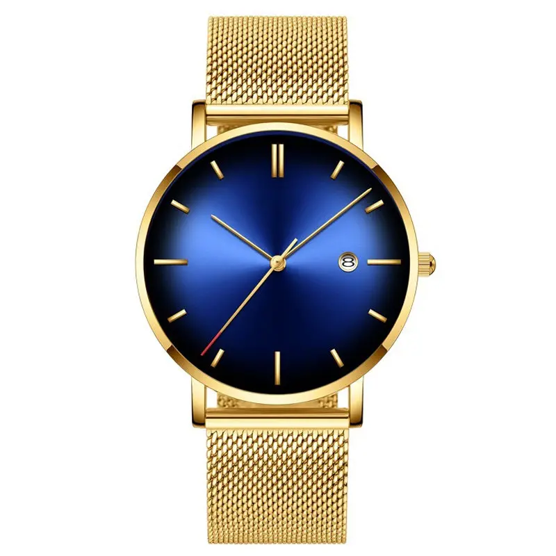 GoldBlue Градиентный цвет Мужские часы новые кварцевые повседневные трендовые часы из нержавеющей стали с сетчатым ремешком ультра тонкие часы Бизнес подарок наручные часы - Цвет: GoldBlue