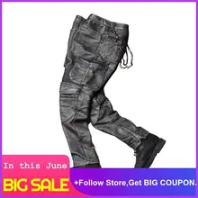 2020 pantalones de cuero de motociclista gris Vintage para hombre de gran tamaño XXXXL cuero de vaca genuino otoño Slim Fit pantalones de cuero de motocicleta
