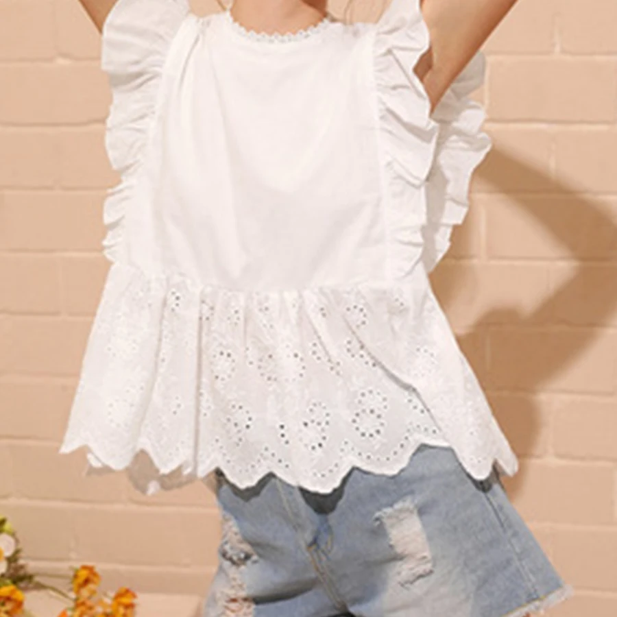 Летняя модная однотонная приталенная рубашка с оборками, женская рубашка без рукавов в минималистическом стиле, рубашка с круглым вырезом и вышивкой для девушек