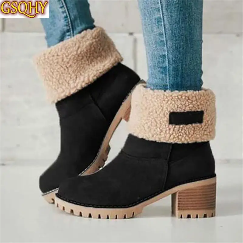 Botas de nieve informales para mujer, zapatos cálidos y cómodos, botas de tacón medio de felpa con punta redonda, 2020