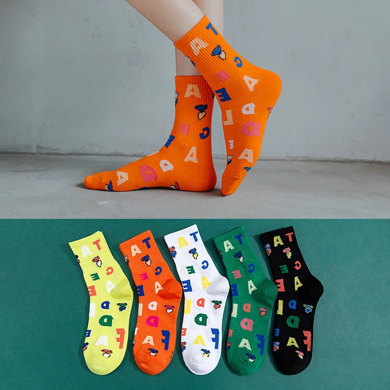 Корейская мультяшная английская надпись китайская труба женские носки все хлопковые универсальные персонализированные модные брендовые Носки женская уличная одежда
