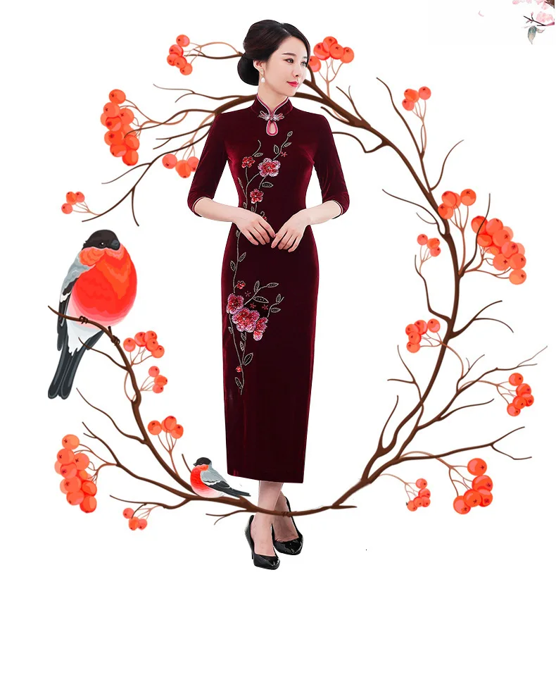 Модифицированное бархатное длинное платье cheongsam в стиле ретро, банкетное платье, платье cheongsam, праздничное платье большого размера для мам, атласное платье