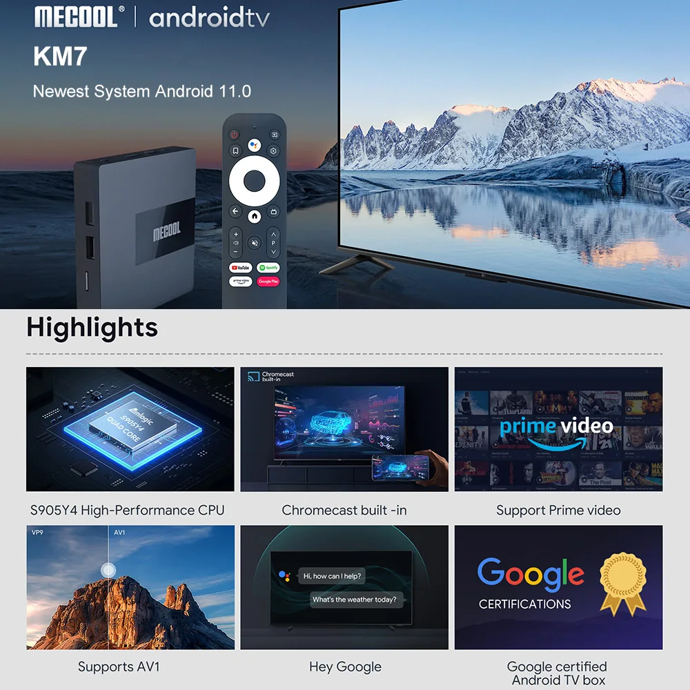 Caixa de tv Google Certificou Android Mecool Km7 Atv 4gb 64gb Amlogic S905y4 Ddr4 Androidtv 11 Wifi Duplo 4k Netflix Conjunto Caixa Superior 11.0 - Image 4