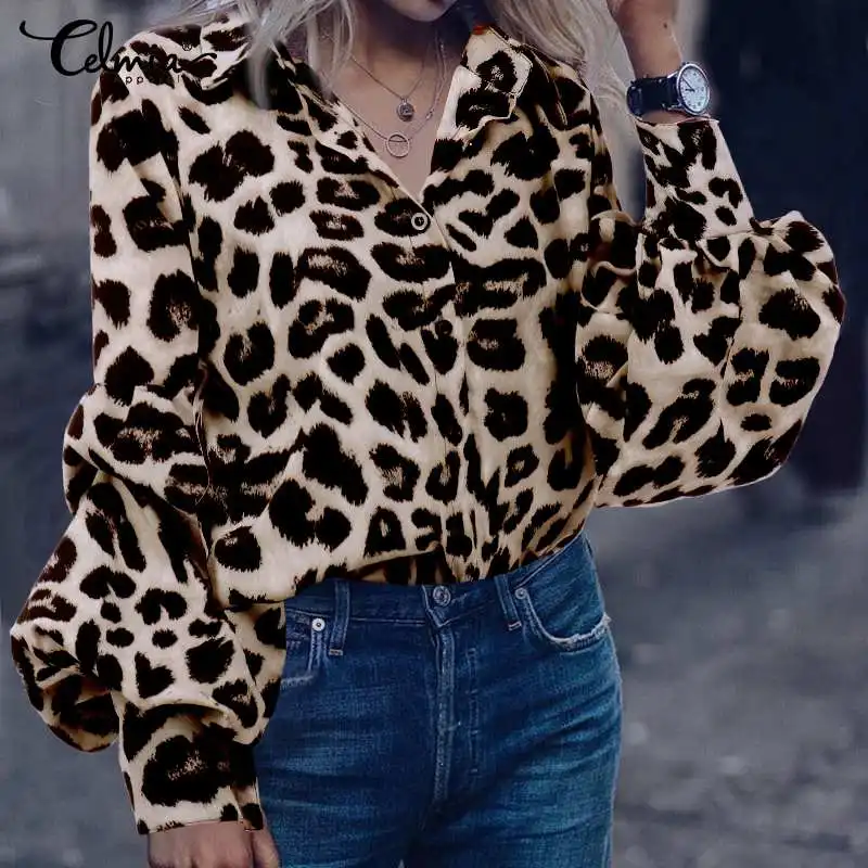 Ceny Moda z najwyższej półki Celmia 2019 kobiet jesień koszula z rękawami typu lampion Sexy wzór w cętki bluzki S 5XL kobiece guziki Casual Loose Blusas 7