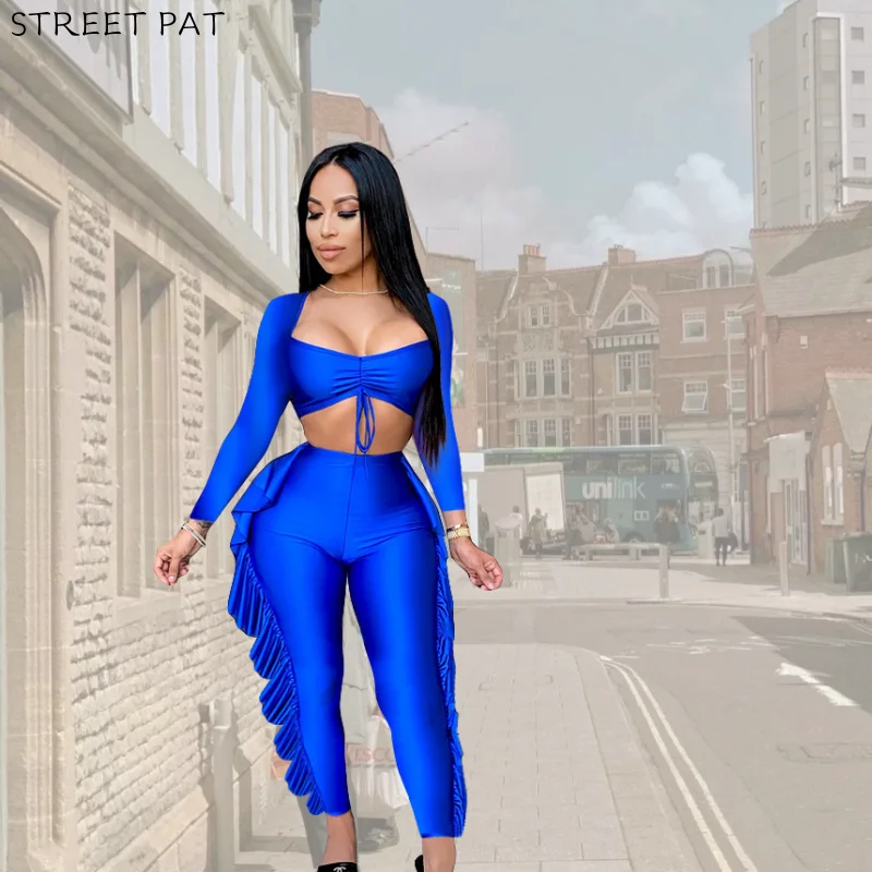 

Sexy Two Pieces Set Women Long Sleeve Crop Tops Ruffles Splicing Sweatpant Suit Outfit Women 's Tracksuit Matching Set