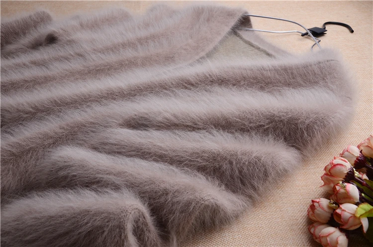 С v-образным вырезом Повседневная мода плюшевый Ангорский кролик мех ручной вязки с длинными рукавами кардиган свитер пальто осень зима