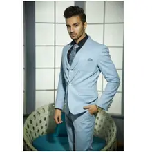 

2022 New Arrival Shawl Collar Design Men's Sky Blue Suits Hot Sale Trendy Custom Made One Button Fashion Casual Wear 3 Pieces
