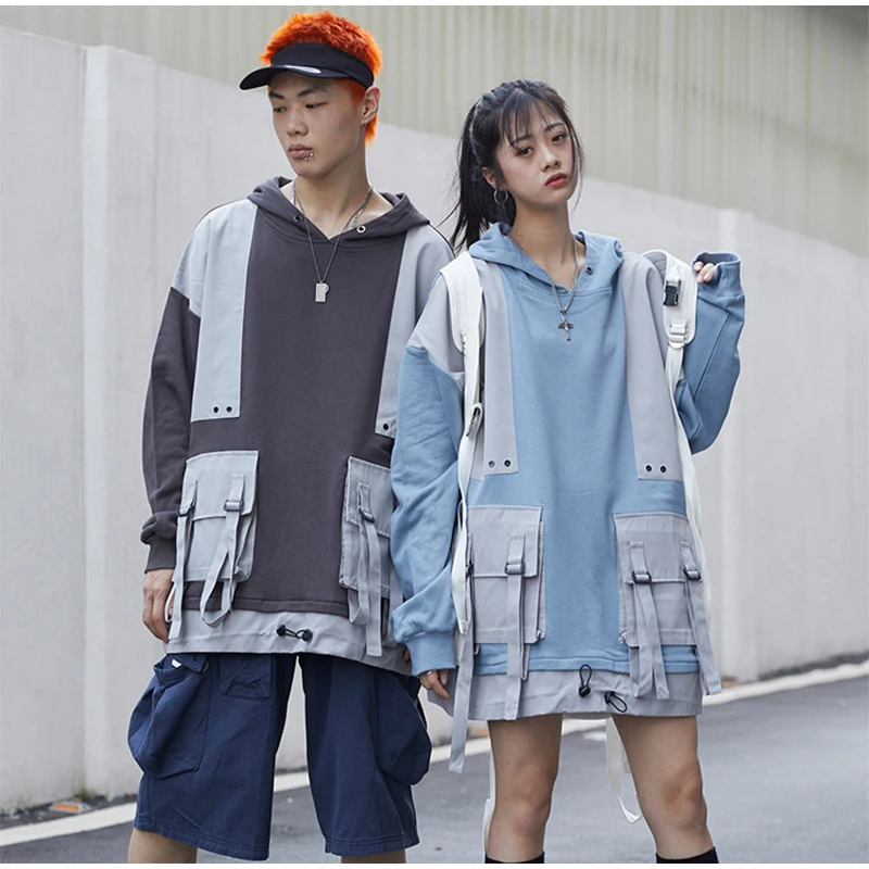 Harajuku Лоскутные толстовки для мужчин/женщин хип-хоп Уличная Осень Черный Синий пуловеры с капюшоном топы хлопок Толстовка