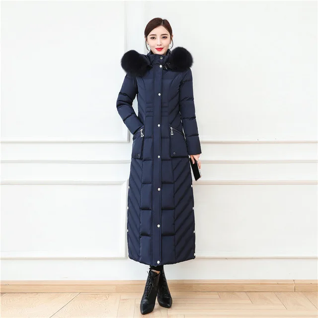 S- 4XL plus size Winter over the knee X-long 90% Duck down coat female X-Long thick warm Down Jacket real fox fur Parkas F442