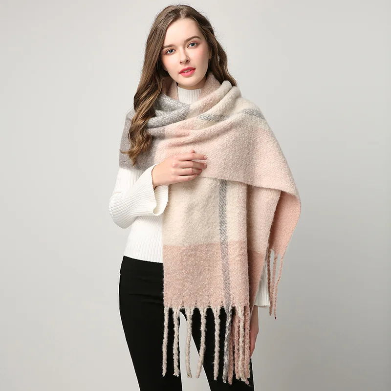 Роскошный бренд, Женское зимнее теплое Клетчатое одеяло, шарф для женщин, большие размеры, шали и обертывания, женский шерстяной шарф из пашмины, женский шарф