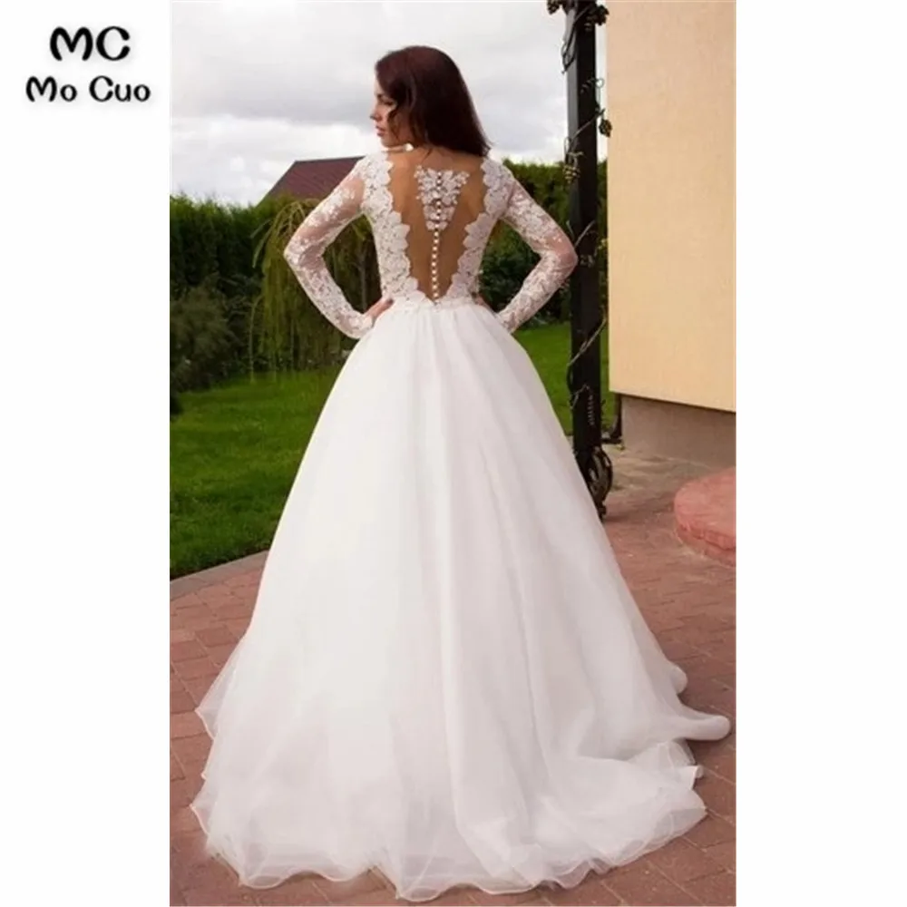 Boho Princess A-Line V-Neck Tulle Ivory Long Sleeves Wedding Gowns  (4)