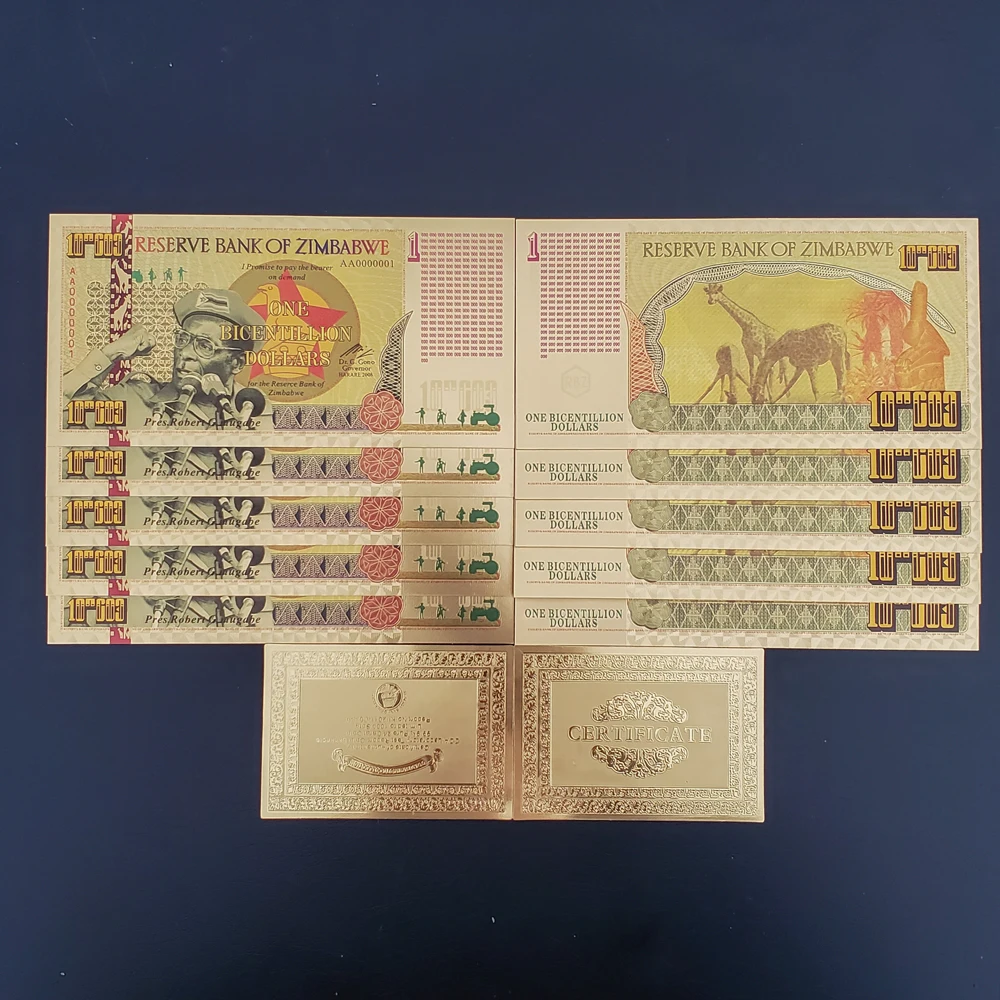 RH Zimbabwe Notes One bichentillion dollar Note Золотая Банкнота с сертификатами в 24k позолоченная для сбора