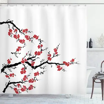 

Japanese Decor Collection, Simplistic Cherry Blossom Tree Asian Botanic Themed Pattern Fresh Organic Lines Art Work, Polyester