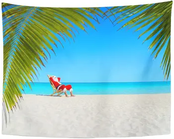 

Christmas Santa Claus Relaxing on Sunlounger at Ocean Sandy Tropical Beach Under Palm Leaves Happy New Tapestry Home Decor Wall