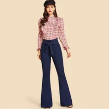 Navy Tie Waist Flare Jeans Woman Denim Trousers Vintage Women Clothes Fall High Waist Pants Belted Stretchy Jeans