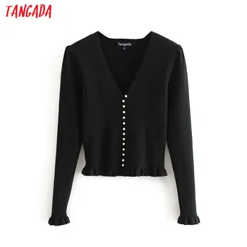

Tangada women pearl buttons elegant black cardigan jumper lady fashion slim knitted cardigan coat 3H342