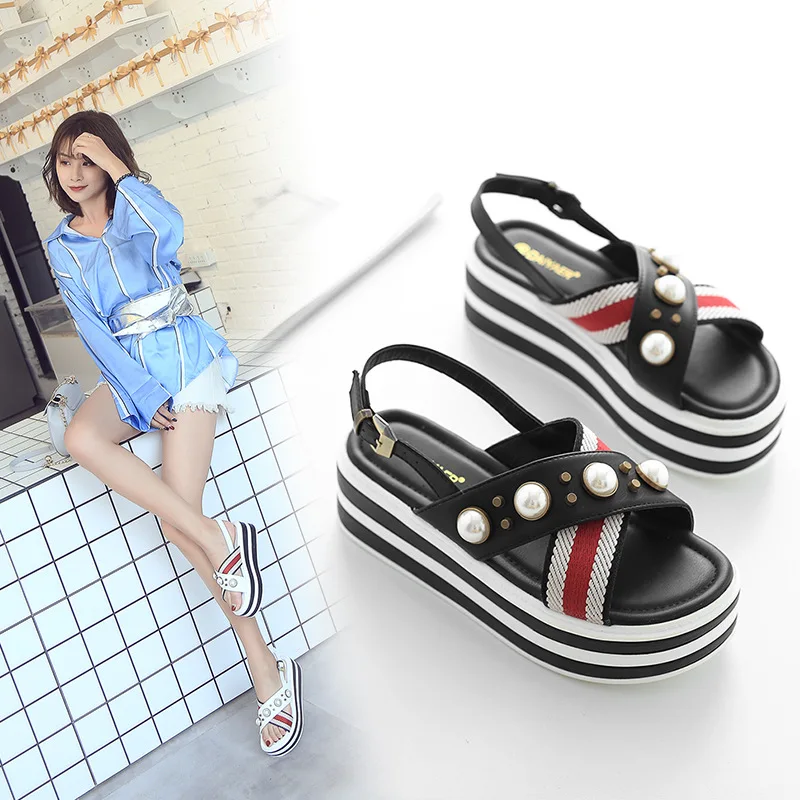 

College Style Stripes Platform Sandals Women's 2019 New Style Thick Bottomed Waterproof Platform Peep-Toe Extra High Casual Hong