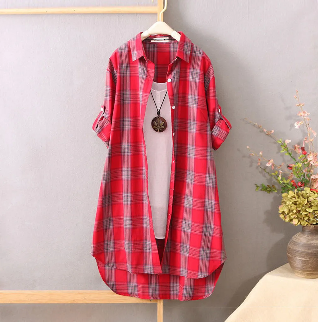 

Feitong Harajuku Women's Blouses Casual Loose Turn-down Collar Ladies Shirts Button Up Plaid Long Sleeve Maxi Blouse Tops