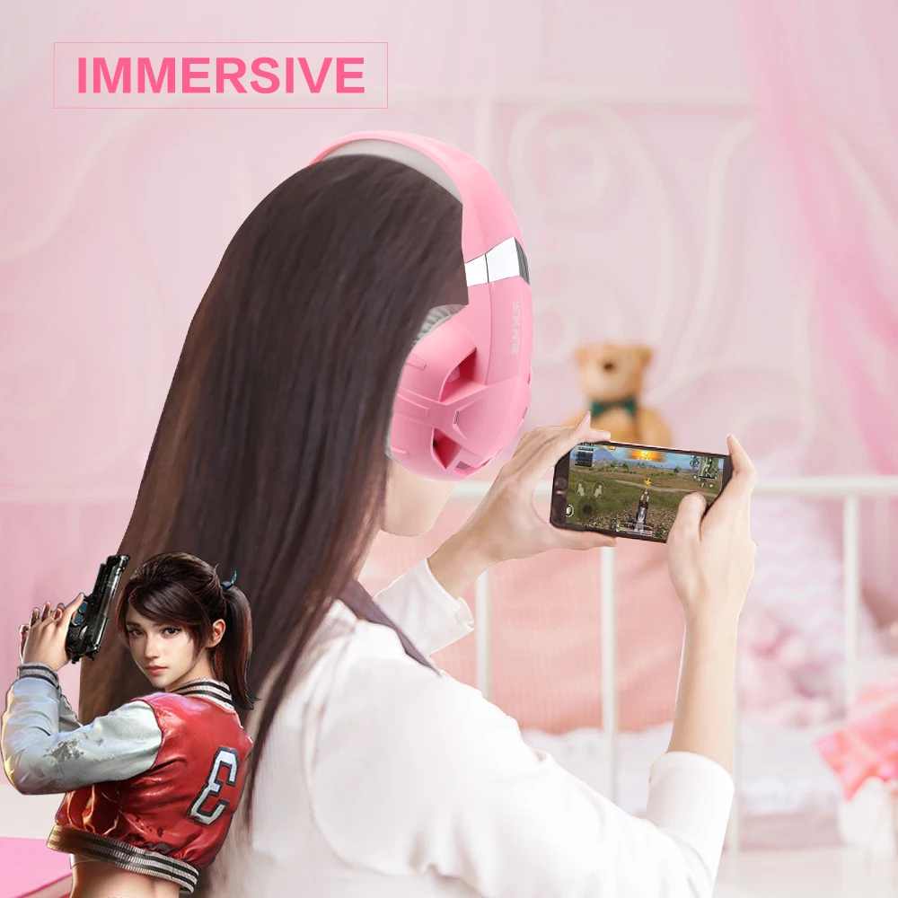 Pink Headset Gamer Girl with HD MIC Led light Over Ear PC