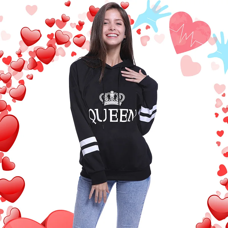 Новые продукты Wish AliExpress, одежда для пар, толстовка с капюшоном в полоску с принтом королевы и короля