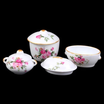 

3pcs Doll House Kitchen Miniature Casserole Pot Bowl Lid with Floral Pattern Kitchen Toys Set 1:12 Plastic Unisex