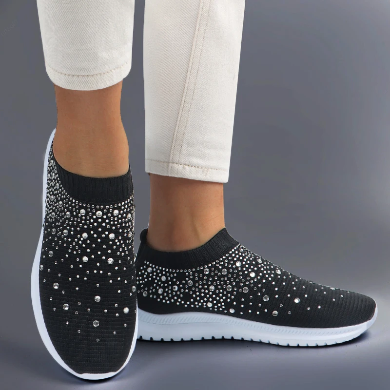 Sock Trainers Vulcanized-Shoes Flats-Slip White Sneakers Ladies Bling Summer Women on