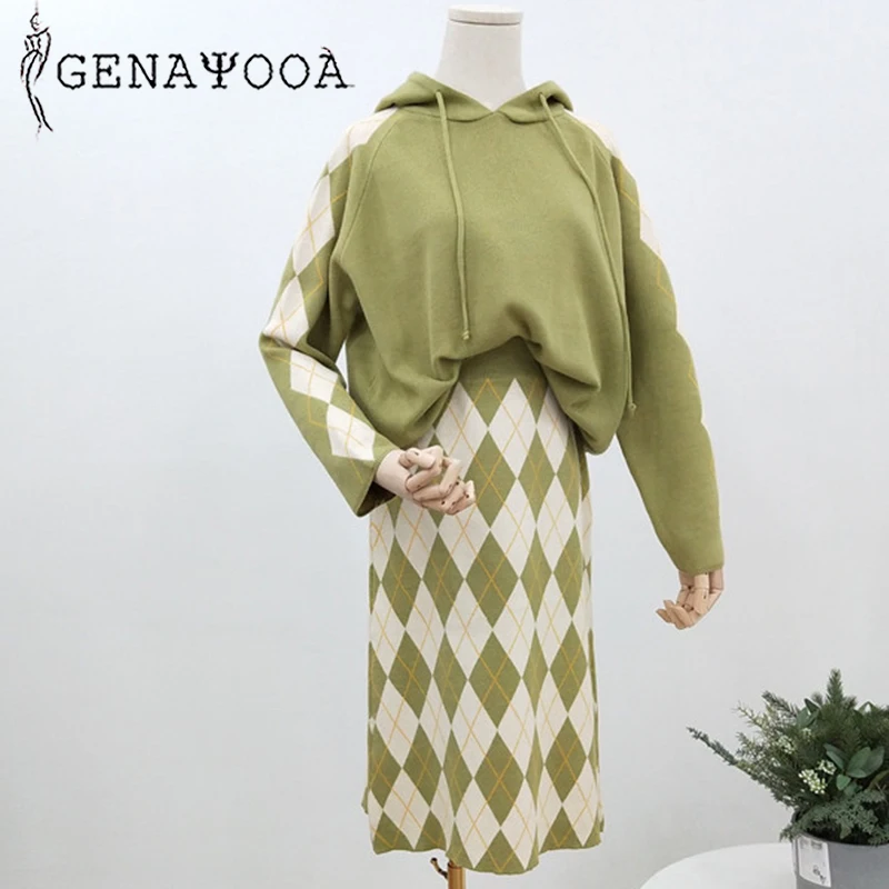Genayoa повседневные женские комплекты из двух предметов,, вязаные женские костюмы, юбки и топы, клетчатая юбка миди, свободный свитер с капюшоном, зимний костюм