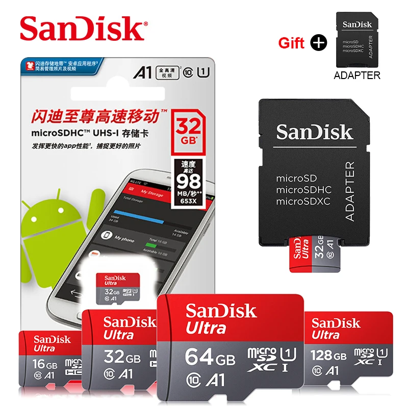 Двойной флеш-накопитель SanDisk карты памяти 16 Гб оперативной памяти, 32 Гб встроенной памяти MicroSD 64 Гб 128 ГБ 200 ГБ 256 Гб 400 гб до 98 МБ/с. скорость чтения Class10 micro SD карты