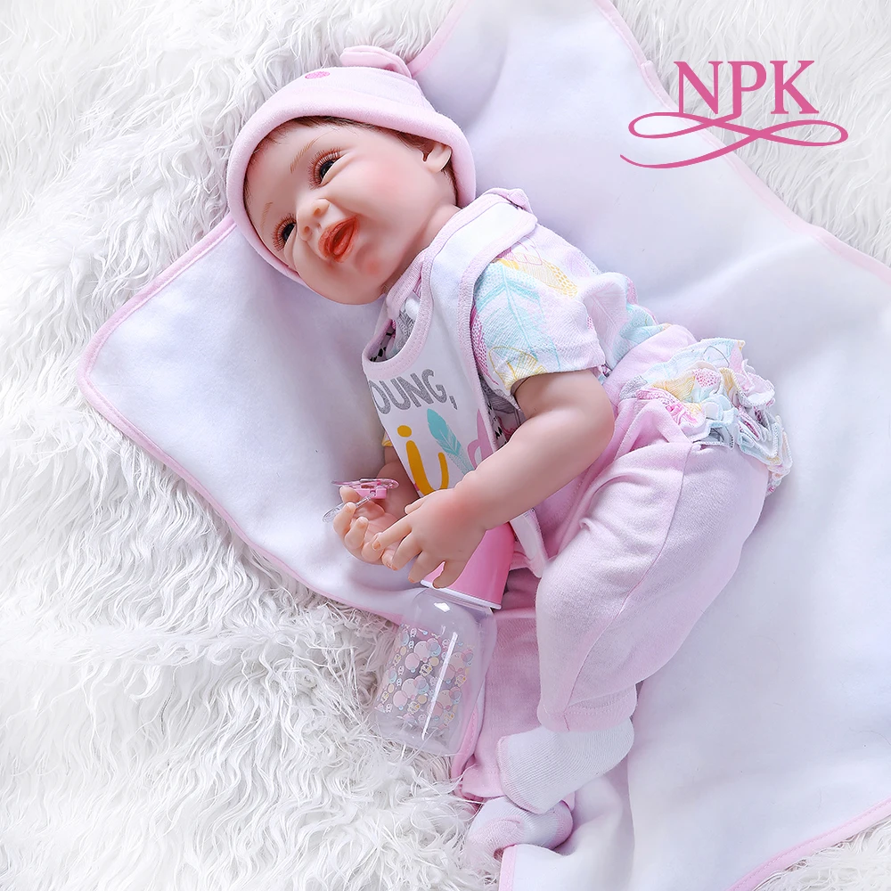 

NPK 52CM lifelike happy smiling face baby realistic bebe doll reborn baby soft touch weighted body hand rooted hair high quality