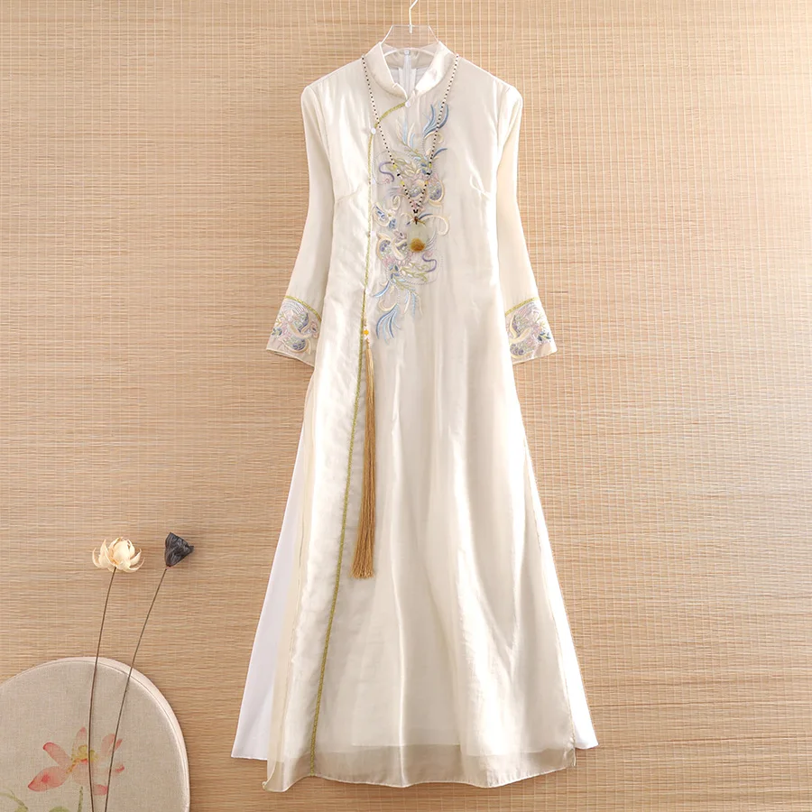 Chinese Style Women Tassels Qipao Dress Spring Summer Royal Embroidery Vintage Elegant Slim Lady Luxurious Cheongsam S-XXL