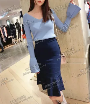 

Summer Horn Sleeve V Collar Leisure Knitting Shirt M7610