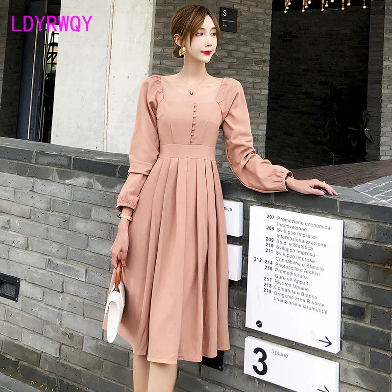 2019 autumn new French retro long-sleeved dress female Knee-Length  Regular  Solid  Office Lady