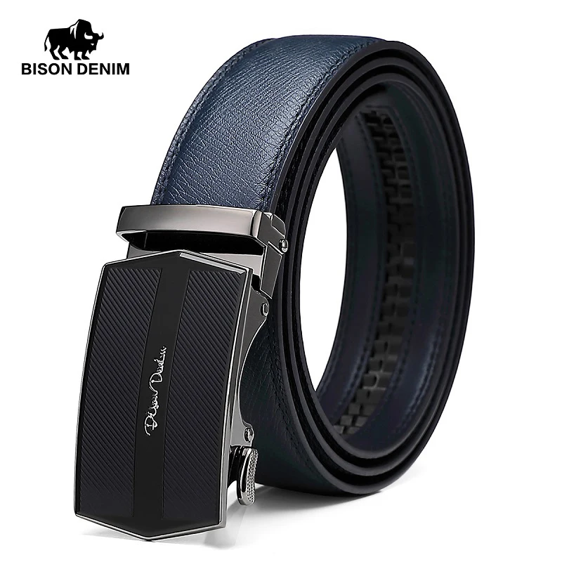 Мужской ремень из натуральной кожи BISON DENIM синий роскошный воловьей с