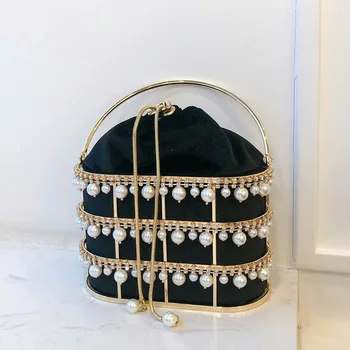 

Pearl Tassell Basket Evening Bag Women 2020 New Elegant Korean Hollow Out Hand Tote Alloy Metallic Female Fashion Clutch Handbag