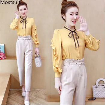 

Spring Autumn Women Elegant Two Piece Set Plus Size OL Bow Ruffle Long Sleeve Blouse Shirt Tops And Belt Pants Set Suit 2020
