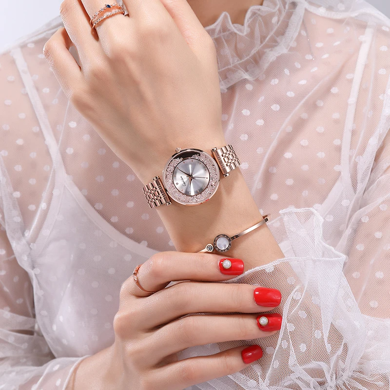 Elegant Women Quartz Watch Rolling Rhinestone Dial Rose Gold Stainless Steel Bracelet Fashion Ladies Dress Watch Female Gift